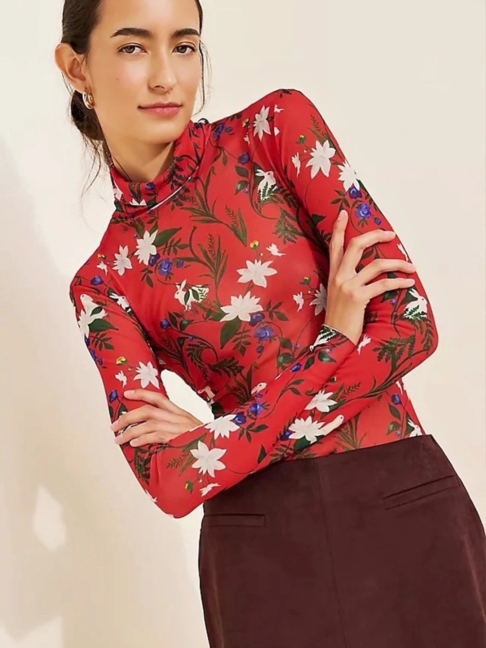 Rachel Antonoff Lillian Mesh Turtleneck Top in Rabbit Print Rabbit Print Red Med